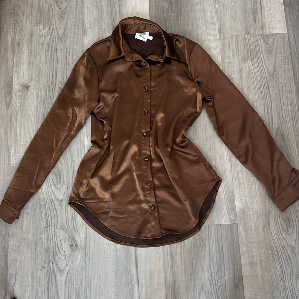 Brown satin button up